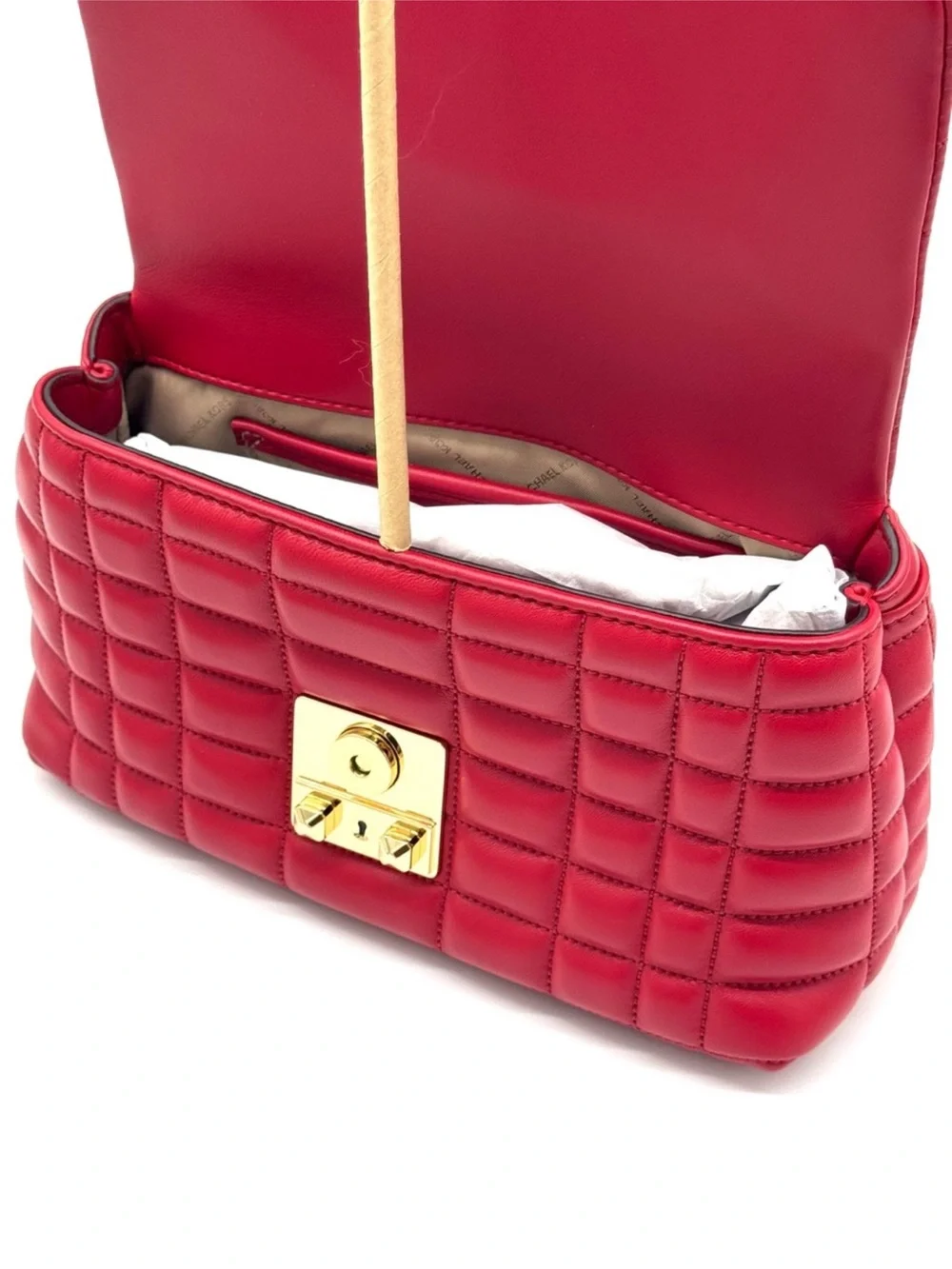 Michael Kors Tribeca Medium Quilted Leather Satchel Bag Crimson Red